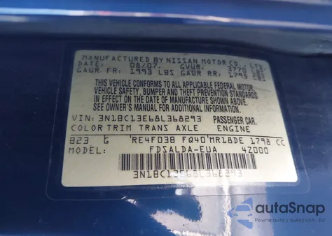 2008 Nissan Versa 1.8S из США, поврежденный, VIN 3N1BC13E68L368293